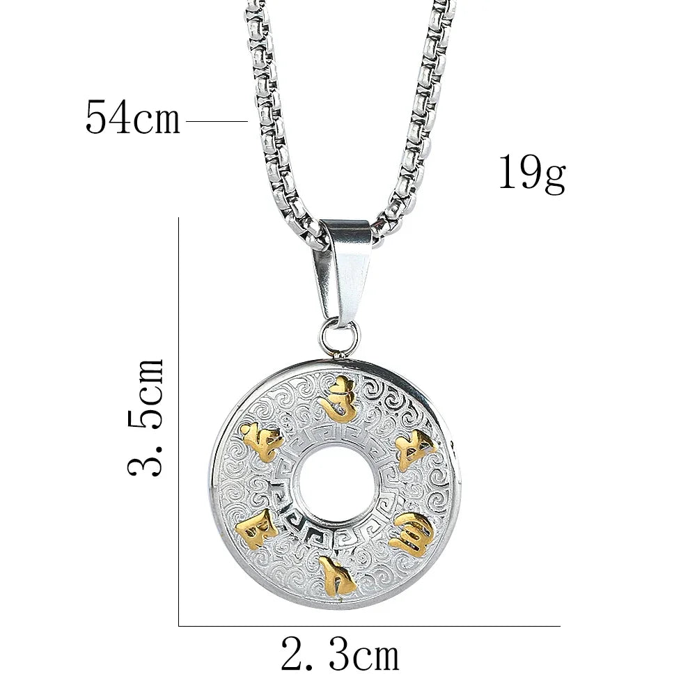Buddhism Sanskrit Oṃ Six Syllable Mantra Lotus Flower Titanium Steel Pendant Necklace Mascot Amulet Charms Dangle Choker Jewelry
