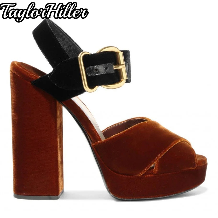 Velvet Cross Strap Platfrom Heeled Sandals Peep Toe Block Heel Buckle Strap Shoes Women Mixed Color Solid Shallow High Heels New
