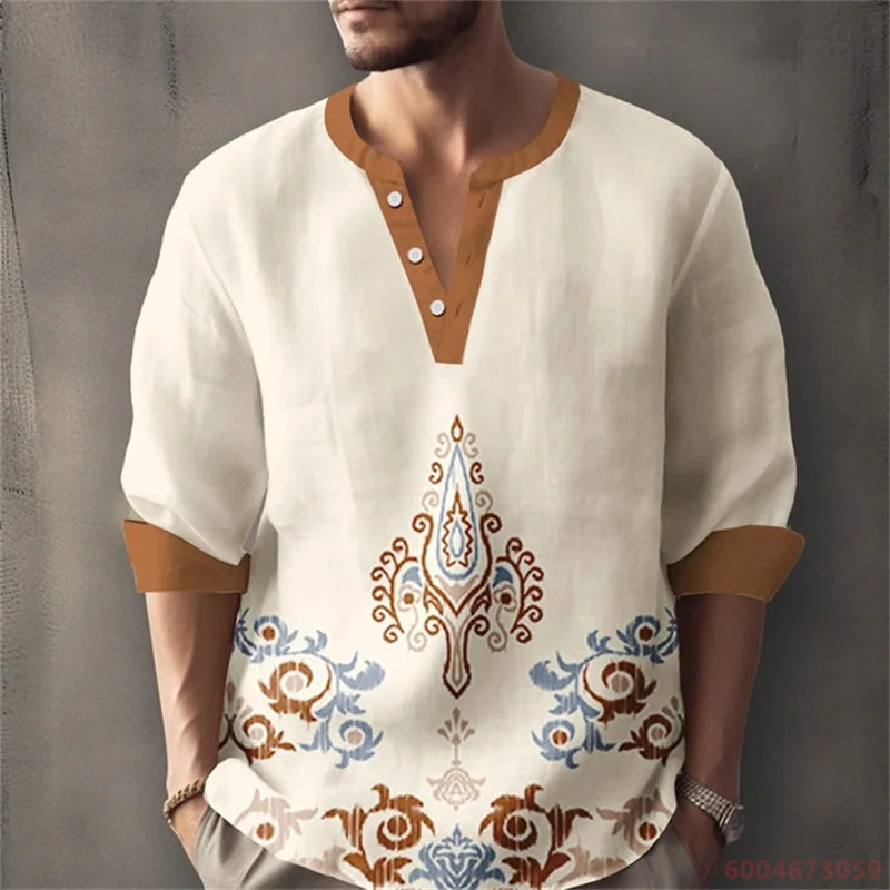 Men's Long-Sleeved Shirt for Summer Vacation, Featuring a Color-Blocked Geometric Print and Henley Collar; Stylish Men's Shirt.