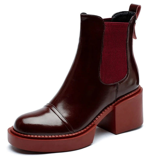 Winter Genuine Leather Chelsea Boots Women Shoes Retro Round Toe Women Platform Thick Heels Short Booties Autumn