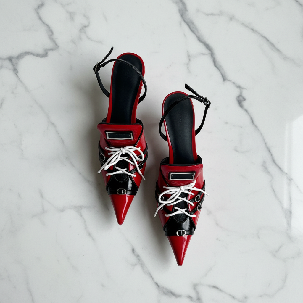 Red White Lace-Up Slingback Pumps Pointed Toe Thin Heel Buckle Women's Sandals 2024 Patchwork Mixed Color Party Shoes Luxury