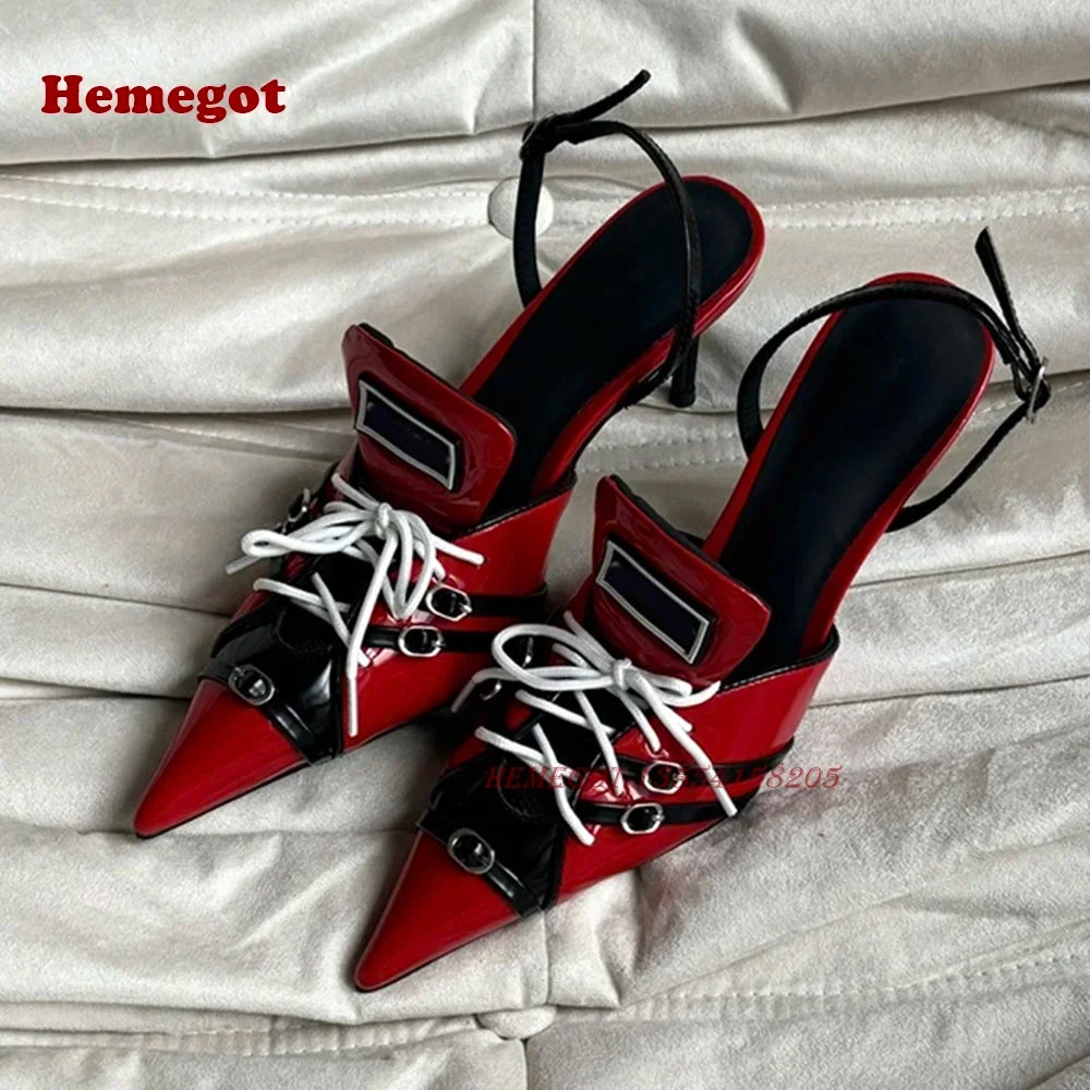 Red White Lace-Up Slingback Pumps Pointed Toe Thin Heel Buckle Women's Sandals 2024 Patchwork Mixed Color Party Shoes Luxury