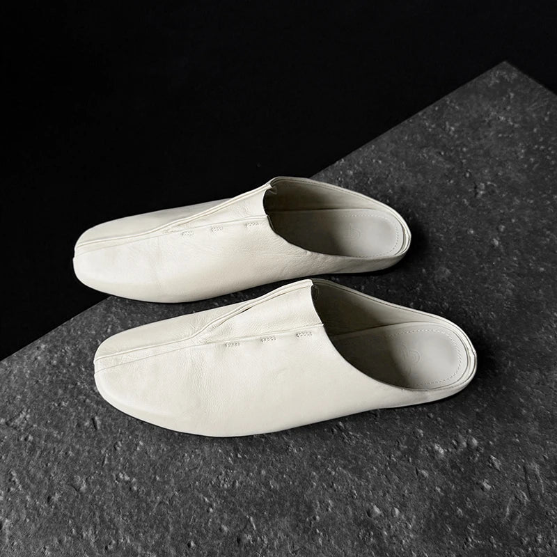 Genuine Sheepskin Mules Women Covered Square Toe Deep Mouth Flat Heel Casual Slippers Female Vacation Slides