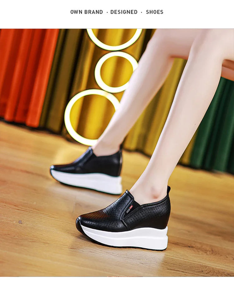10cm Microfiber Platform Heel Wedge Shoe Sneakers Pumps White Platform Air Mesh Hollow Pumps Shoes Summer Women Zapatos de Mujer