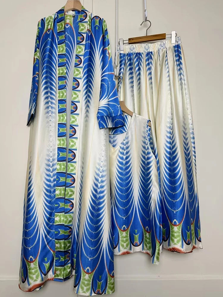 Retro positioning printed long cardigan+vest three piece set 2026 spring women's clothing+loose pants skirt fashion set