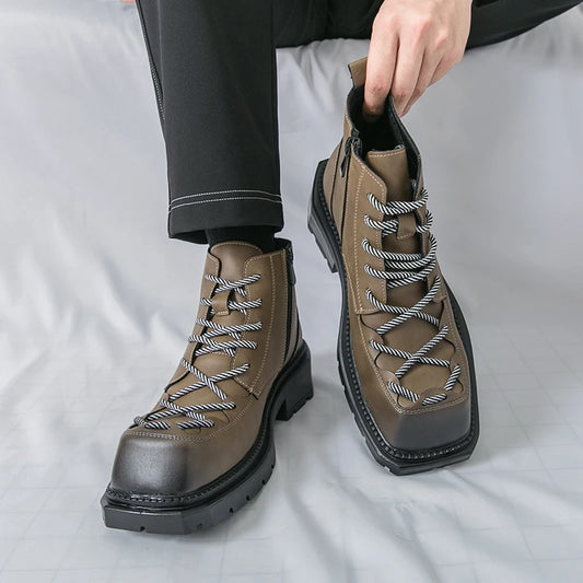 Autumn New Men Comfortable Lace Up Side Zipper High Top Leather Shoes Fashion Brand Round Toe Thick Soled Non Slip Outdoor Boots