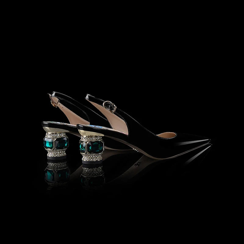 Dilalula 2025 Patent Cow Leather Crystal Heels Sandals Women Pointed Toe Office Ladies Party Dating Wedding Sandals Plus Size
