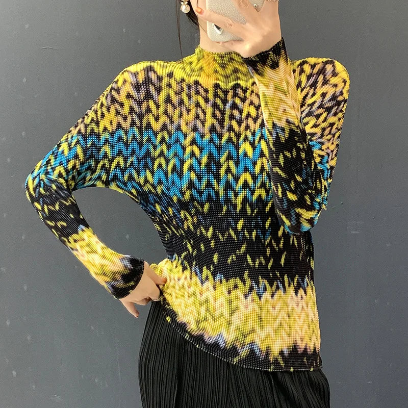 Miyake Pleated 2026 Spring and Summer New Fashion Tops Women's Long-sleeved Half-high Collar Printed T-shirt Bottoming Shirt