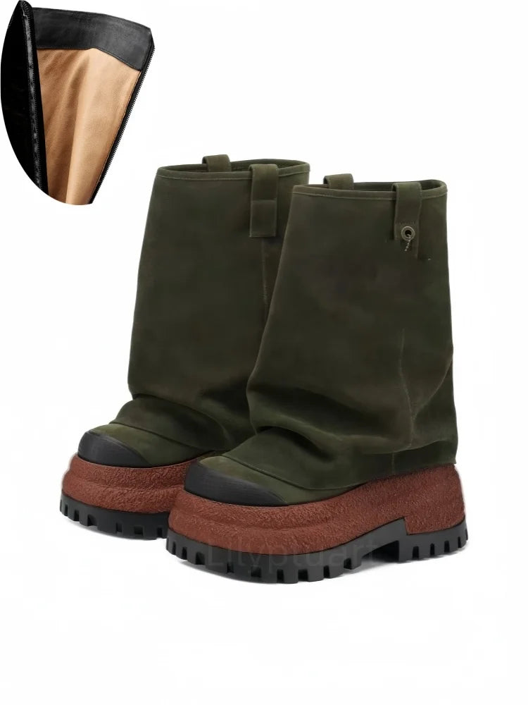 Women's Chunky Leather Flats & Knee Boots - Square Toe Loose Fit Spring-Autumn Casual Shoes with Pleated Pants