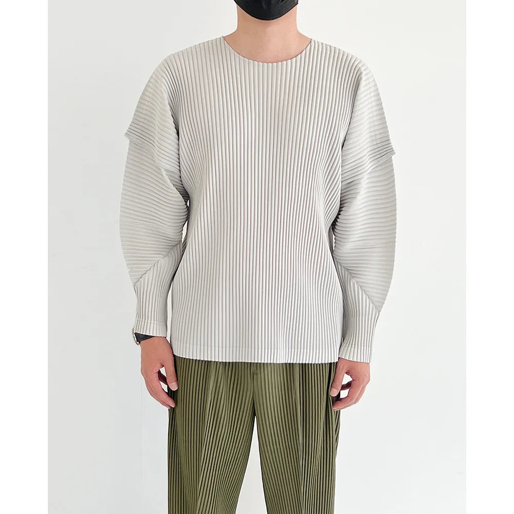 Autumn Summer New Original Miyake Pleated Men's T-shirt Long Sleeves O-neck Solid Color Casual Loose Style Fashion Male Tops