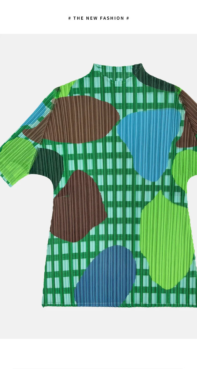 Miyake Elegant Green Plaid Color Block Print Pleated Top Mock Neck Half Sleeve Elastic Tee Daily Commute Office