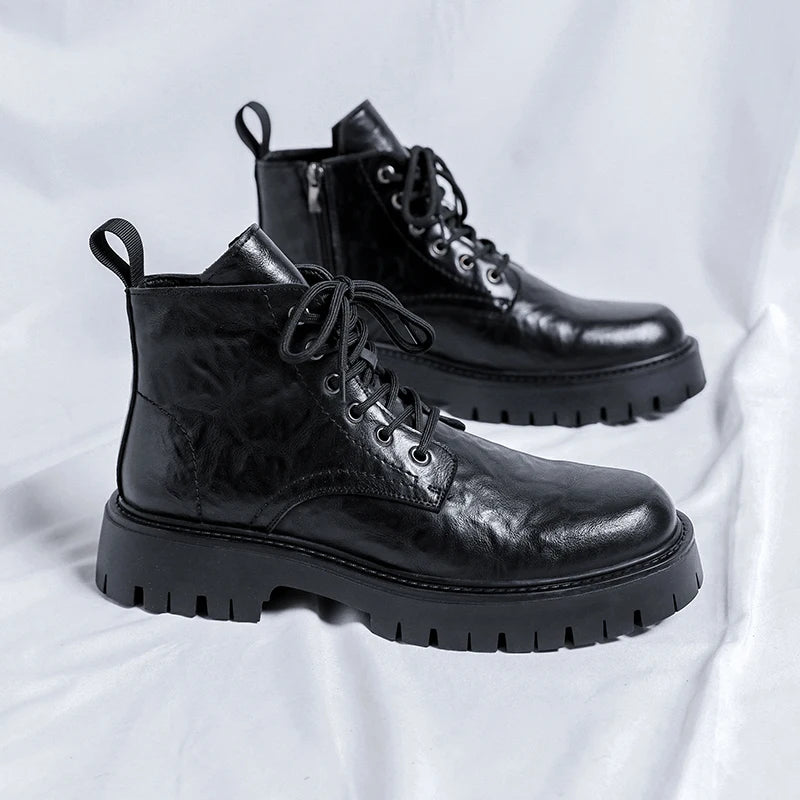 New Fashion Lace Up Casual Mens Boots Mens Thick Sole Ankle Boots Trendy Comfortable Mens Classic Black/Brown Motorcycle Boots