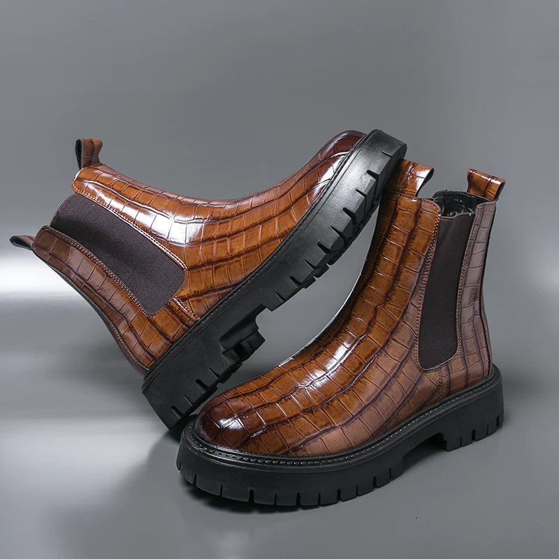 2025 Fashion Brand Men's Comfortable Fit Thick Soled Chimney Boots Autumn New High Top Chelsea Boots Plus Large Workwear Boots