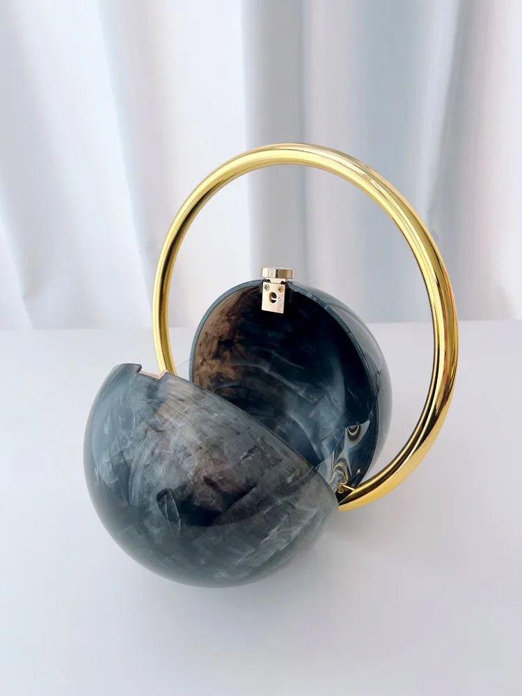 2025 New Marble Pattern Spherical Banquet Bag for Women Trendy Electroplated Handle PVC Handbags Lady Mini Purse Evening Clutch