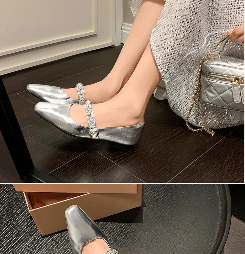 Ods Women Crystal Mules Flats Slippers Designer Sandals 2025 Dress Square-toe Leather Slides Summer Slingback Buckle De Mujer