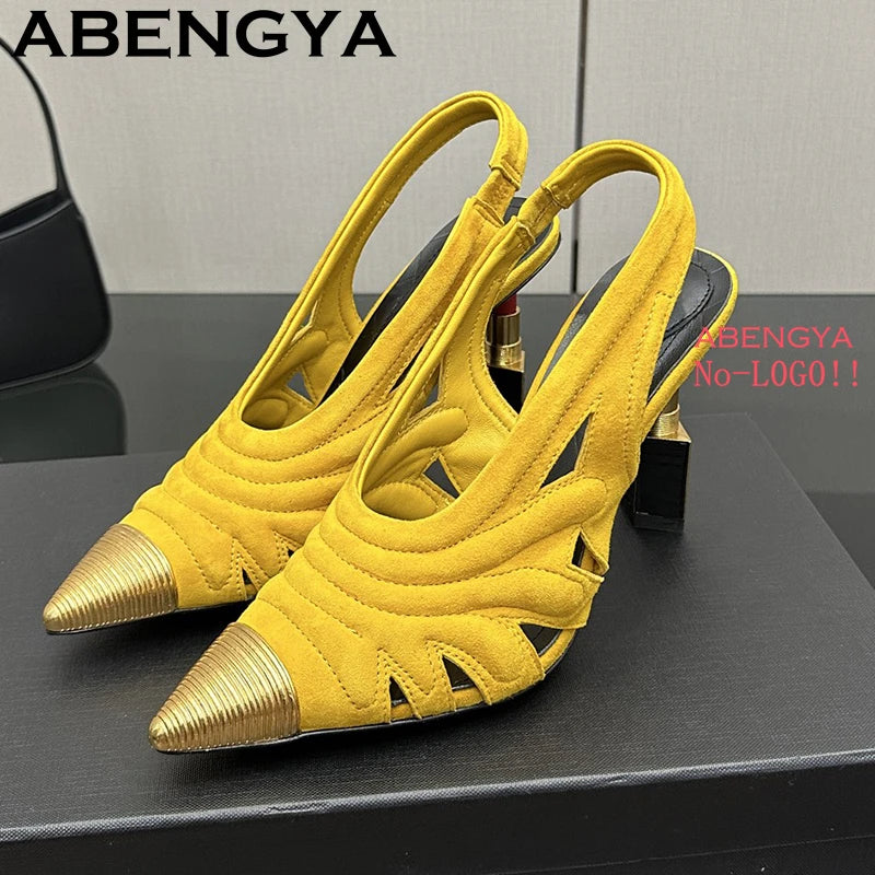 Fashion Strange High Heels Sandals Women Metal Pointy Toe Suede Slingbacks Pumps Summer Sexy Party Wedding Brides Shoes Female