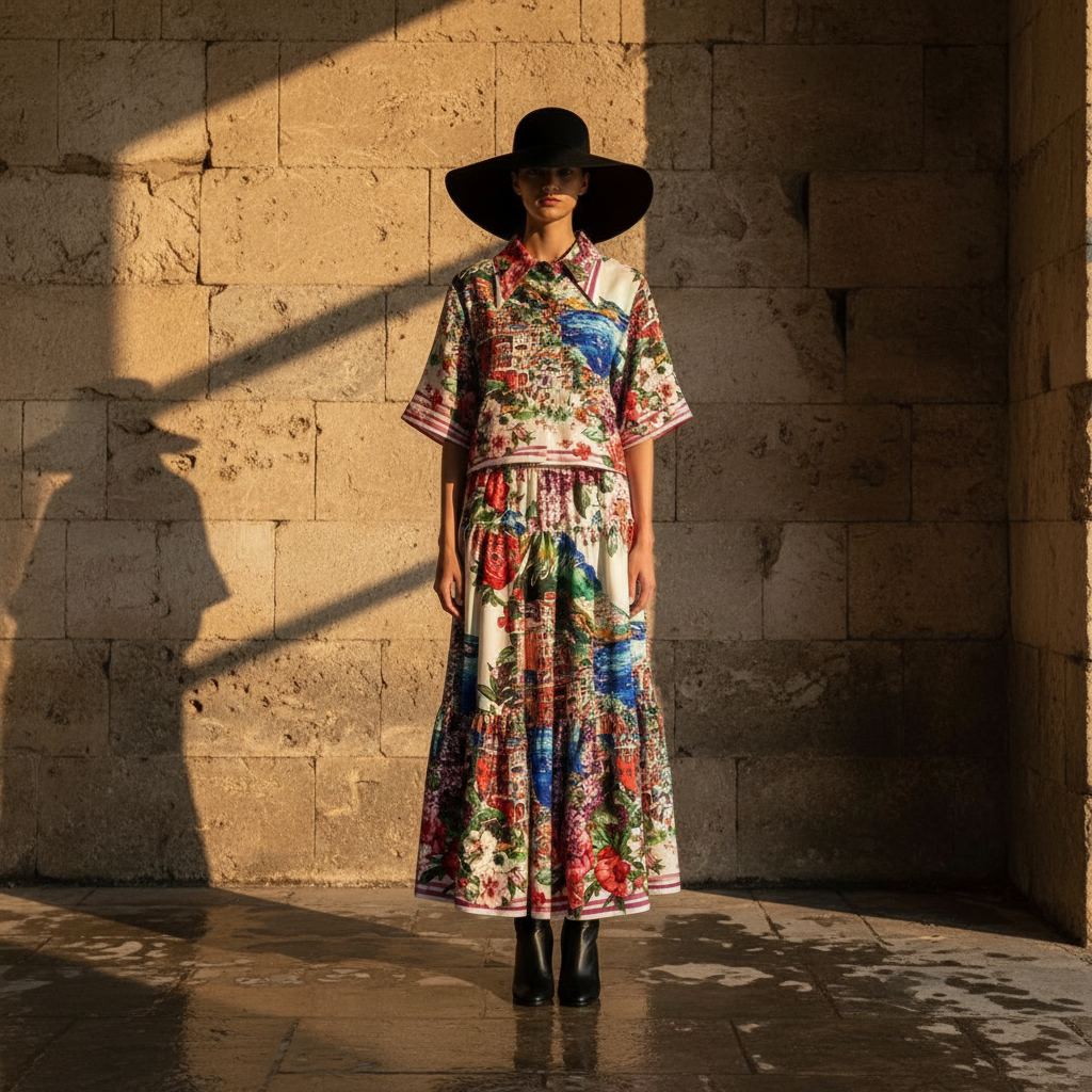 Retro print lapel short shirt two-piece set for 2026 summer women's wear+elastic waist loose pleated skirt fashion set