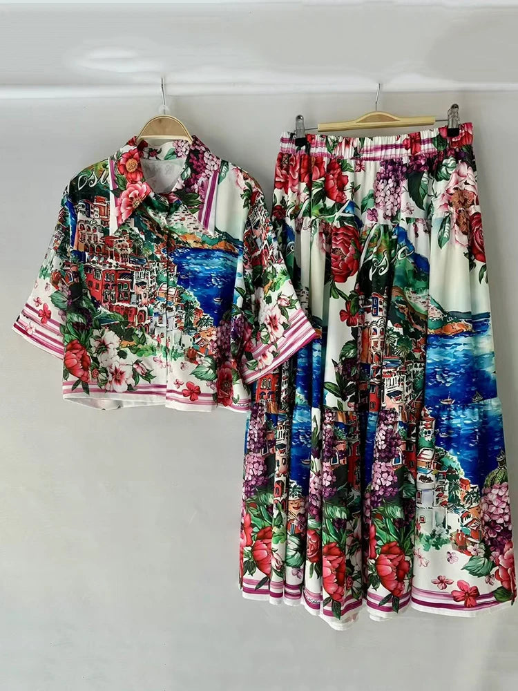 Retro print lapel short shirt two-piece set for 2026 summer women's wear+elastic waist loose pleated skirt fashion set