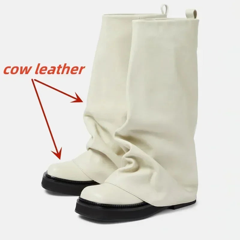 Women's Chunky Leather Flats & Knee Boots - Square Toe Loose Fit Spring-Autumn Casual Shoes with Pleated Pants