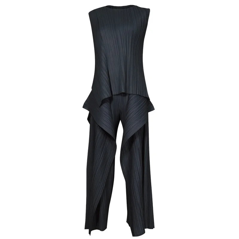 Miyake Irregular Designer Pleated Two Pieces Set Women Sleeveless Elegant Top Wide Leg Loose Trousers Summer Lady Clothing