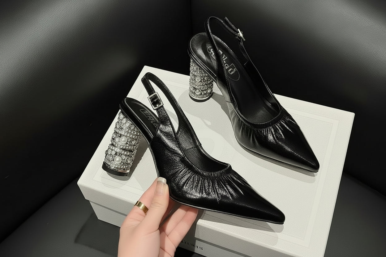 Genuine Leather Pleated Sandals Women Sexy Covered Toe Beads Decoration High Heels Ladies Party Dating Shoes