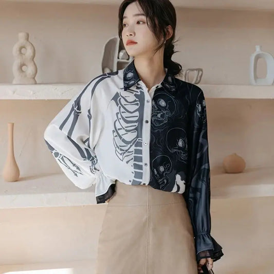 Y2K stylish blouses skull printing shirts lantern Sleeve with lace decor shirts blouses casual loose streetwears Blusas Mujer