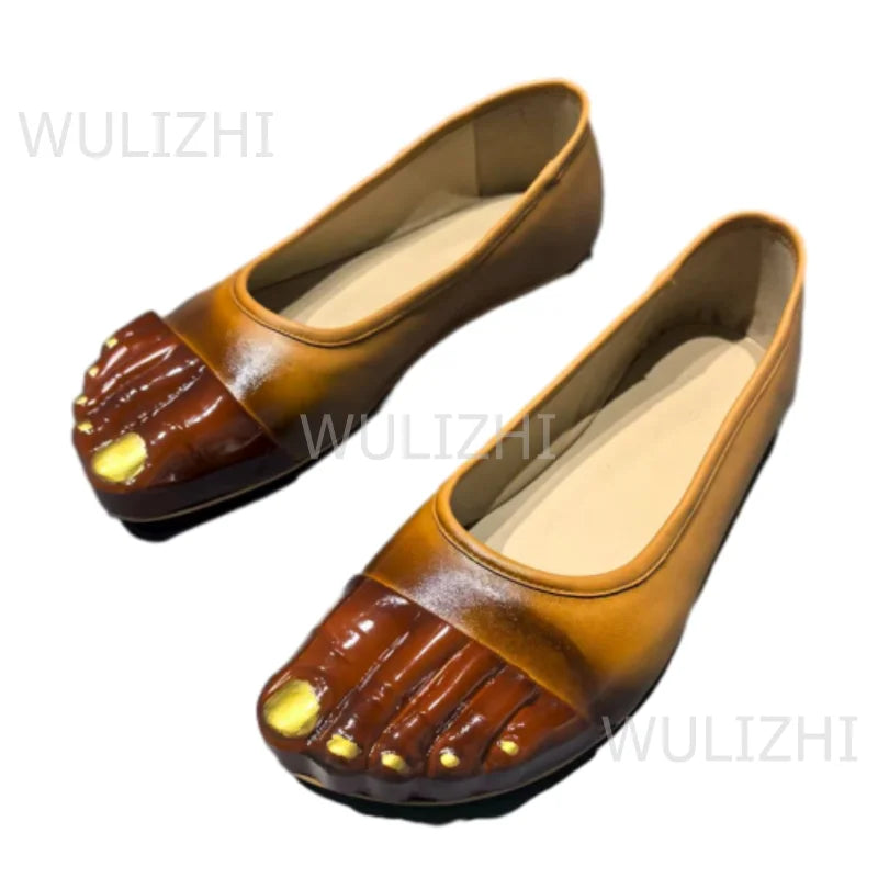 Dark Brown Flat Five-Toe Graffiti Gladiator Black Leather Injection Shoes Stylish Yellow Mixed Color Sandals On Street Modern