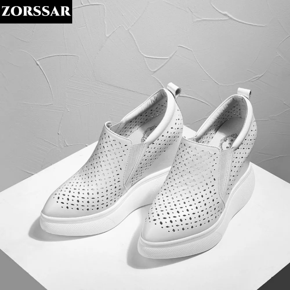 High Heels Hollow Out Shoes Casual Black White Women Sneakers Leisure Platform Shoes Slip-On Breathable Height Increasing Shoes