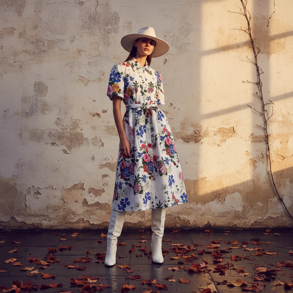 Retro print lapel single breasted slim waisted dress 2026 summer women's shirt skirt fashionable loose oversized puffy skirt