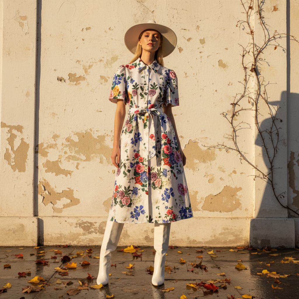 Retro print lapel single breasted slim waisted dress 2026 summer women's shirt skirt fashionable loose oversized puffy skirt