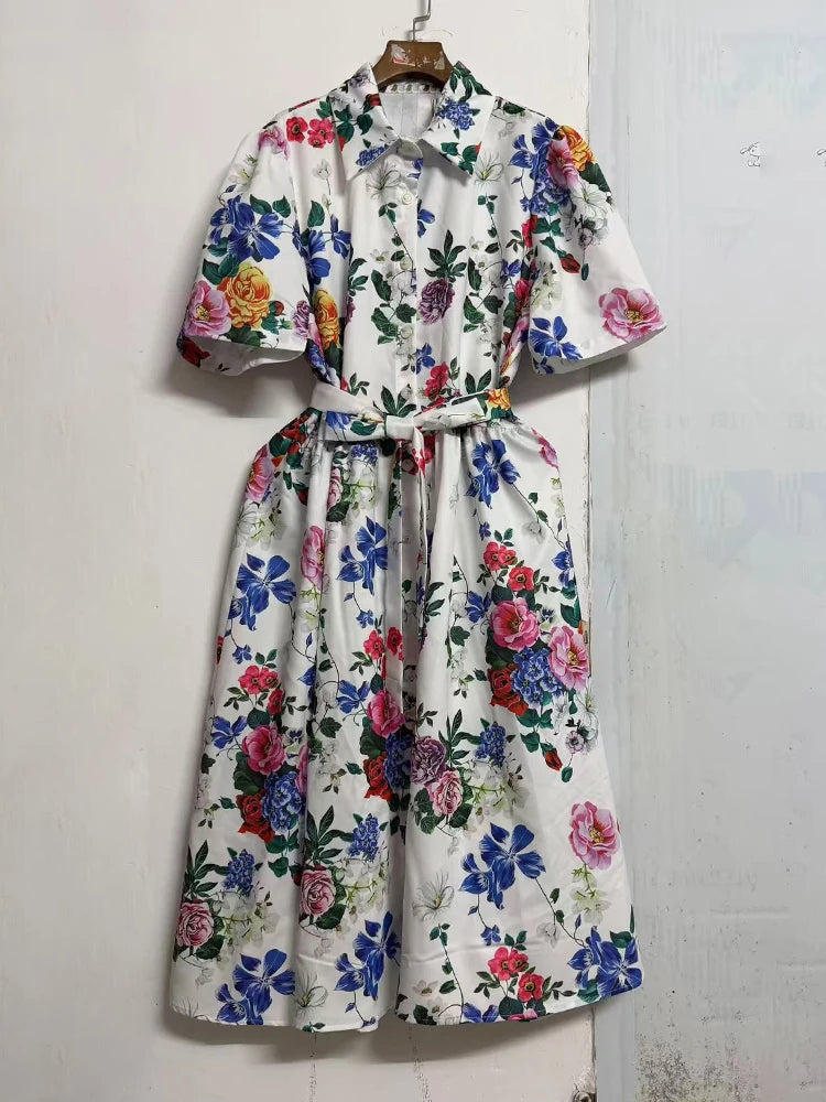 Retro print lapel single breasted slim waisted dress 2026 summer women's shirt skirt fashionable loose oversized puffy skirt