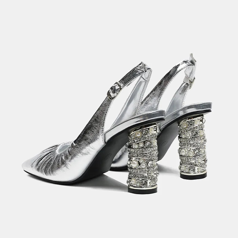 Luxury Pearls Rhinestones Genuine Leather Women Pumps Elegant Pointed toe Pleated Slingbacks High heels Female Party Dress Shoes