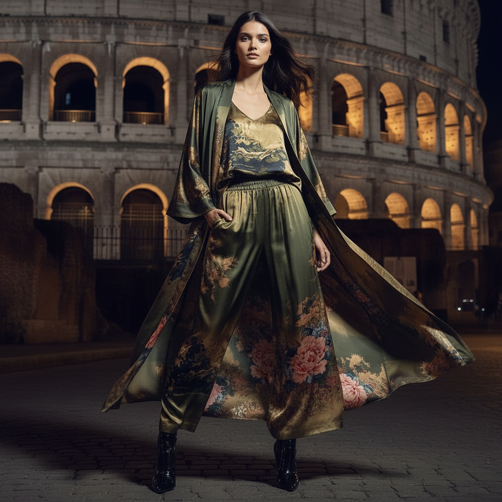 Retro positioning printed long cardigan+vest three piece set 2026 spring women's clothing+loose pants skirt fashion set