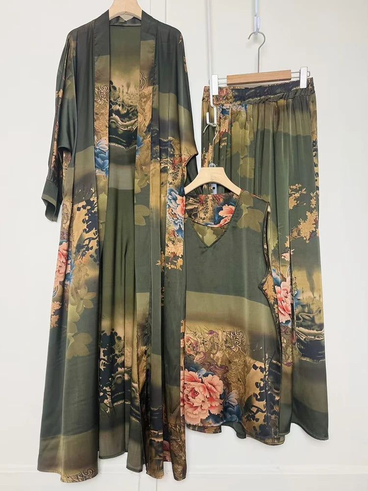 Retro positioning printed long cardigan+vest three piece set 2026 spring women's clothing+loose pants skirt fashion set