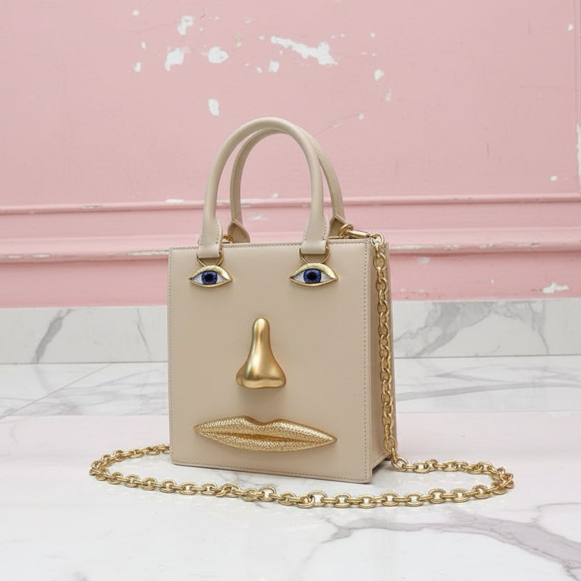 2026 Summer New Women's Surreal  Leather Handbag 3D Face Hand Grip Pattern Tote Bag Silver Patent Leather Square Versatile Shoulder Bag