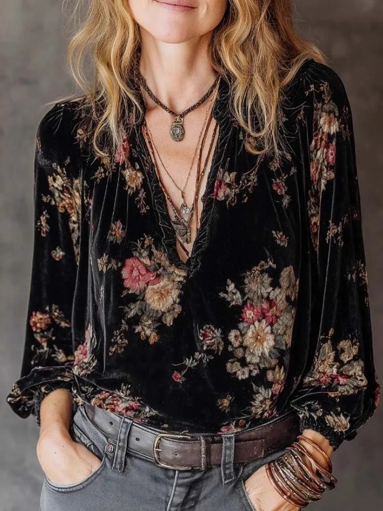 Autumn Winter Gold Velvet Printed Retro Pullover Top Women's Ethnic V-Neck Black Long Sleeved Vacation Shirt Top Streetwear New