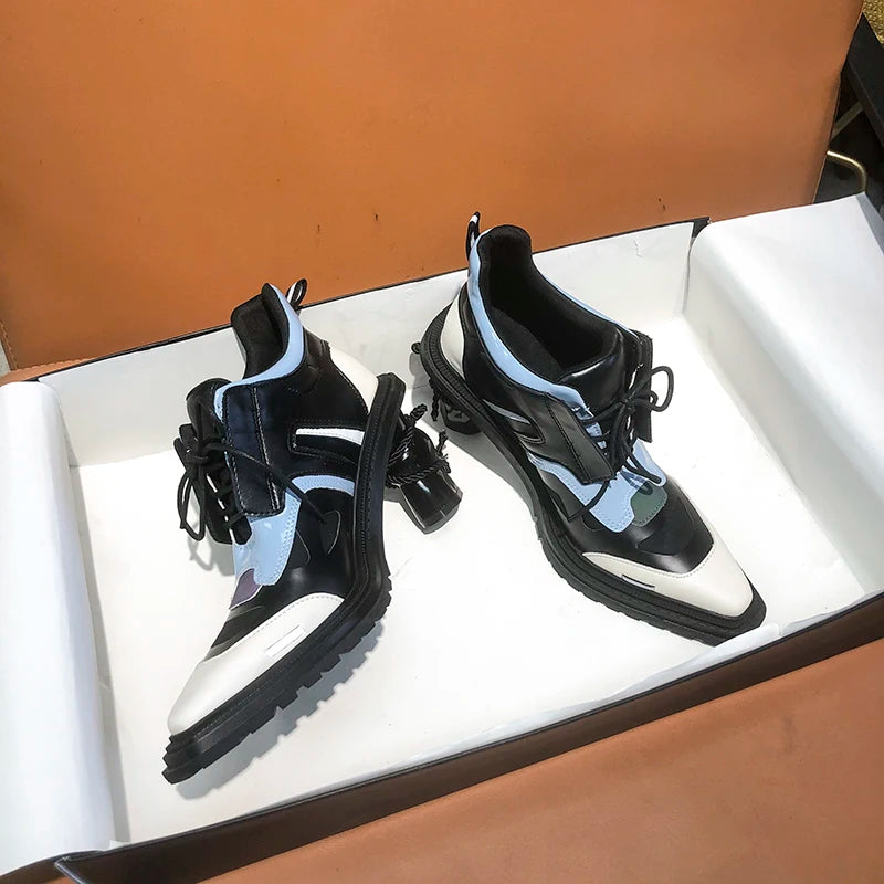 New Women High patent leather Boots pointed-toe Thick Heels Females Shoes Vintage Leather Comfortable Sewing Breathable Party