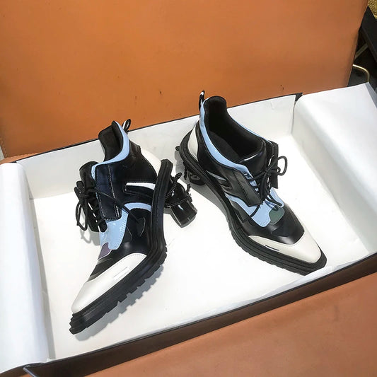 New Women High patent leather Boots pointed-toe Thick Heels Females Shoes Vintage Leather Comfortable Sewing Breathable Party