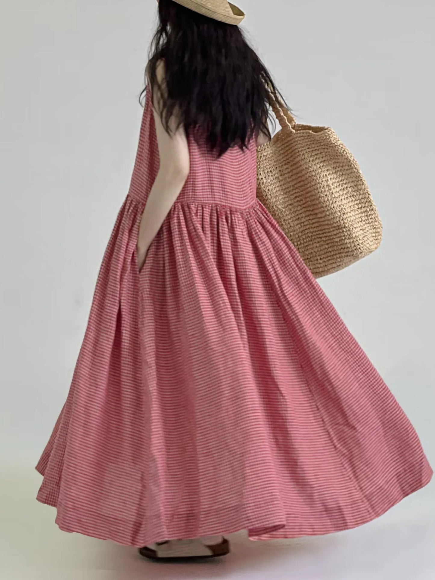 Summer New Women's Cotton Lin Loose Casual Dr High Waist A-Line Skirt Svel Vest Dr Cheered Pattern plus Size