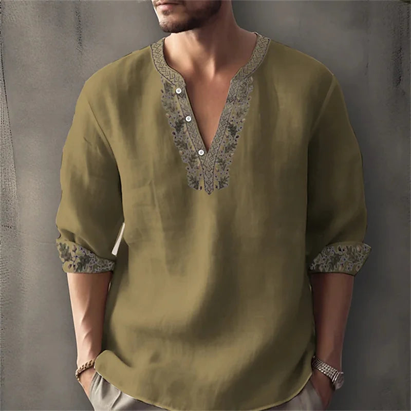 2026 Summer New Men's Fashion Printed Shirt, Henley Collar, Long Sleeve, Ethnic Style, Loose Fit, Breathable, Casual Men's Top
