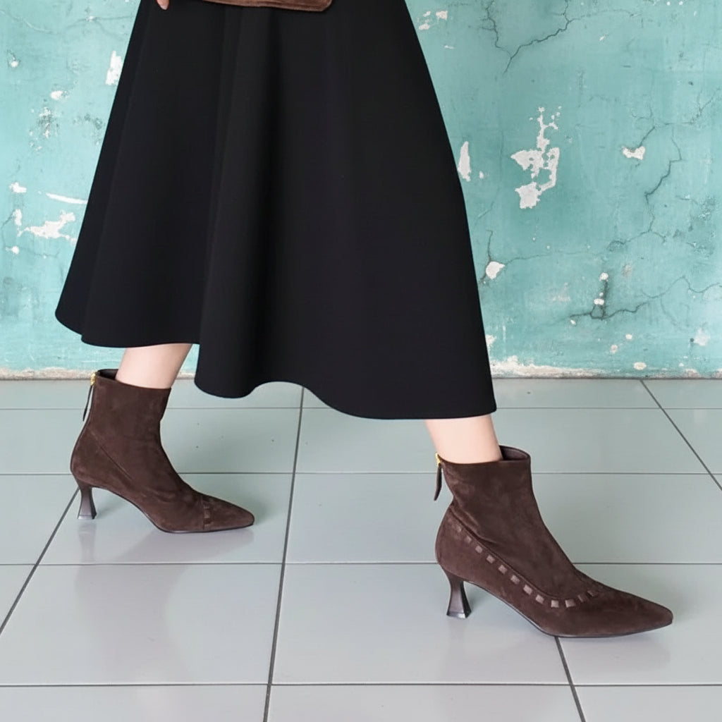 Elegant  Short Boots Pointy Toe Thin High Heels Office Lady Shoes Dress Autumn Real leather Suede women's Retro Boots