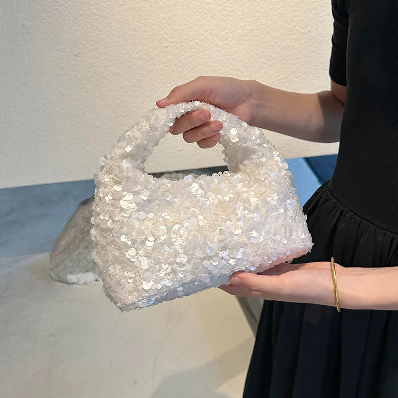 Luxury Pearlescent Sequin Elegant Clutch Purse,Niche French Designer Dumpling Cloud Hobo Evening Bag,Crescent Women Handbag