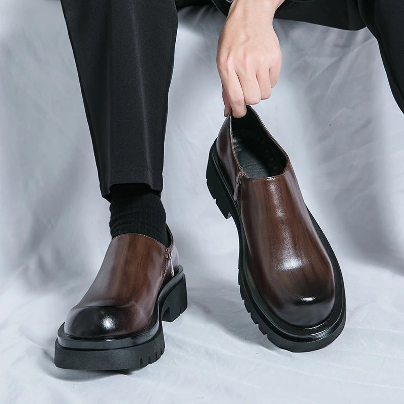 Spring New Men's Side Zipper Comfortable Cowhide Oxford Shoes Fashion Brand Classic Brown Men's Breathable Casual Leather Shoes