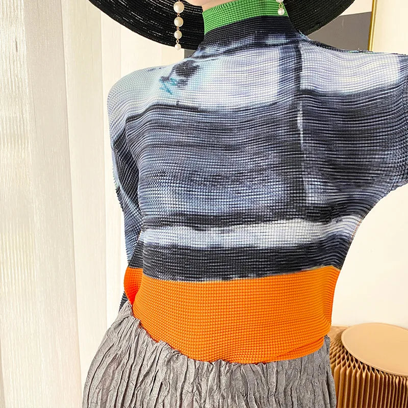 Miyake Pleated Contrasting Colors T-shirt Women Half Turtleneck Skinny Pullover 2025 Summer Fashion Female Clothing