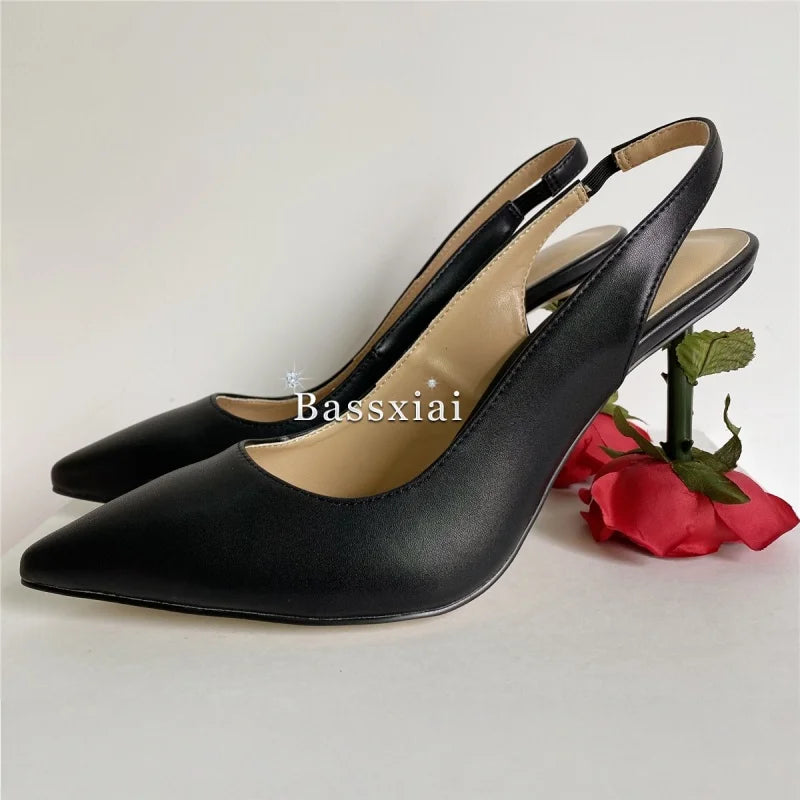 Unique Rose Flower Heel Women Pumps Genuine Leather Slingbacks Sexy Pointed Toe Dress Shoes For Girls