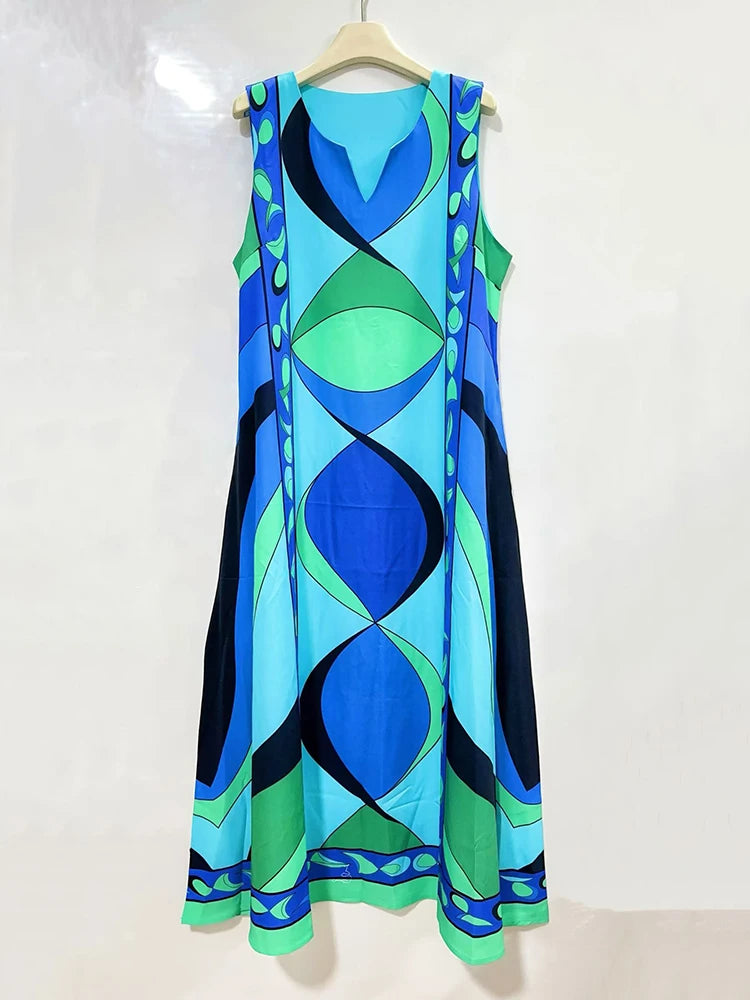 2026 Summer Women's Clothing Retro Geometric Print V-neck Pullover Sleeveless Dress Fashion Loose Large Size A-Line Tank Top