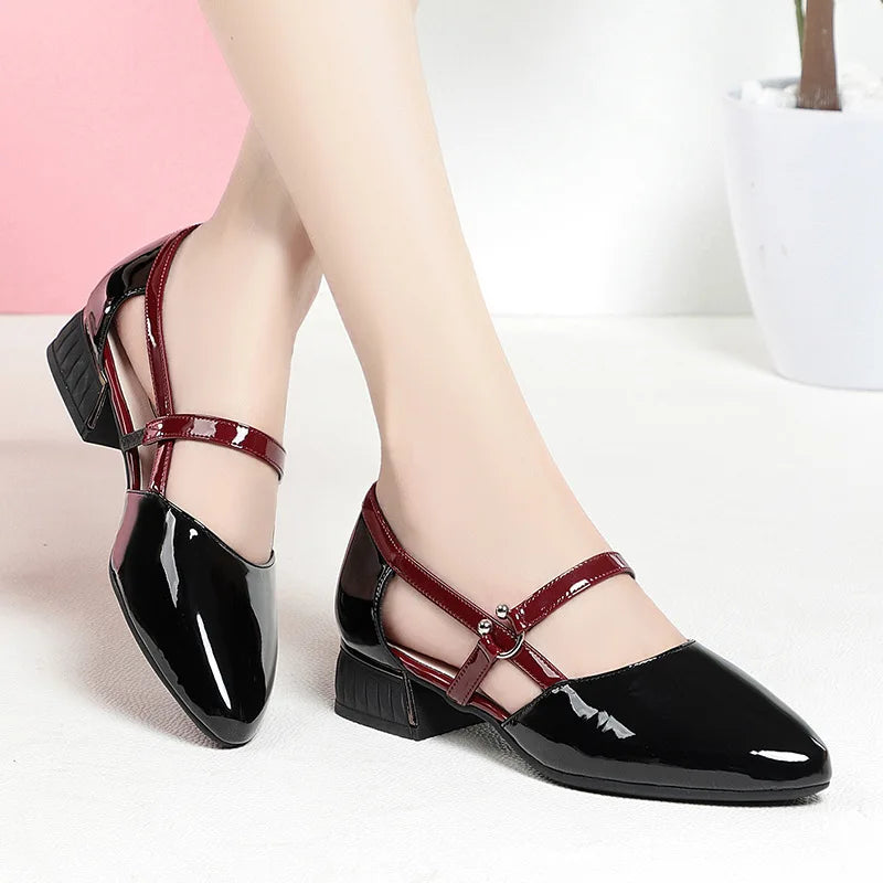 2024 Soft Leather Sandals Women Spring Summer Fashion Pointed Tip Single Shoes Low-Heel Hollow Buckle Ventilate Office Gentle