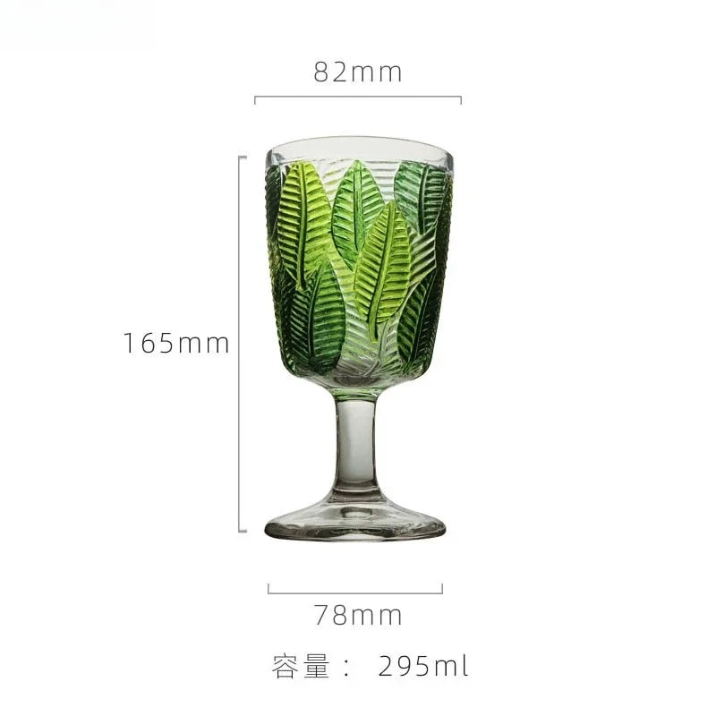 Relief Leaf Glass Cup Red Wine Glass Juice Cup Cocktail Glasses 295ml Hand Painted High Footed Cup Household Glass Wine Set