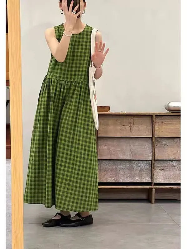 Slimming Plaid Cotton Lin Svel Long Dr Women's plus Size Dstring Waist round Ne Vest Skirt Commute Sle Summer...
