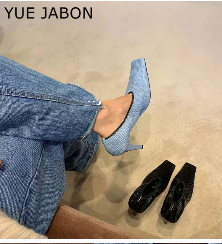 Black Square Head Early Spring New Lady Pumps Zebra-Print Soft Leather Pleated Elastic Witch High Heel Deep Mouth Granny Shoes
